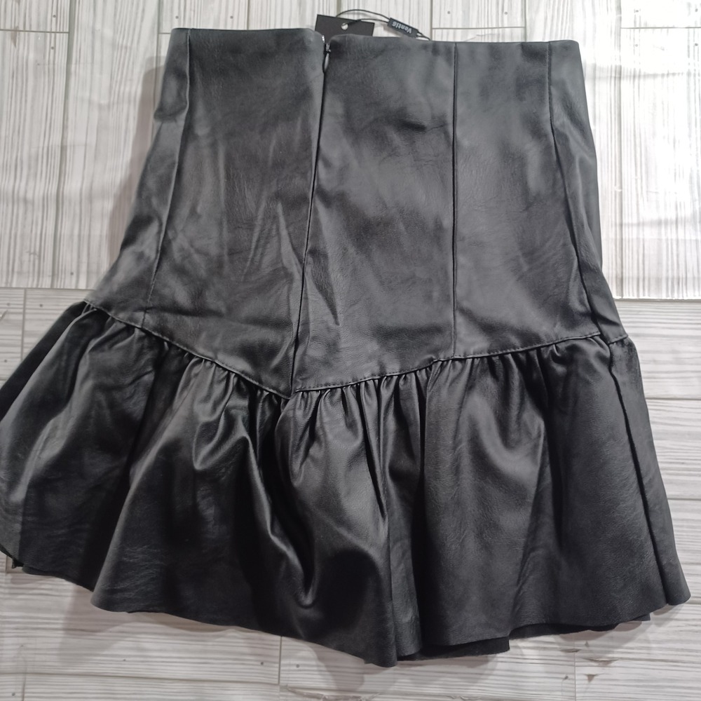 Venti6 Italy Black Faux Leather Ruffle Flounce Mini Skirt G1011 Size S